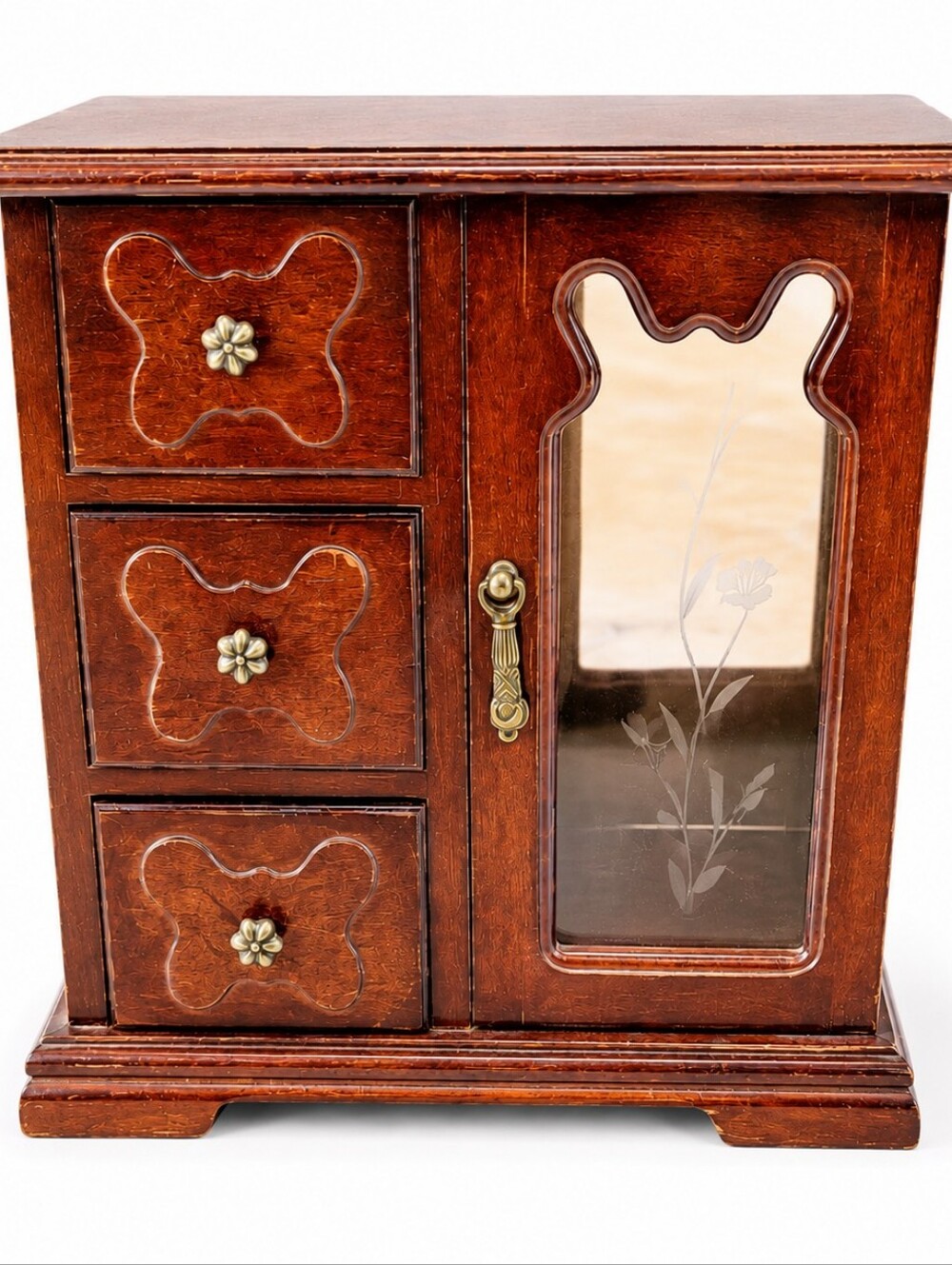 Vintage Wooden Jewelry Box Armoire 3 Drawer Glass Door Jewelry Cabinet Brown